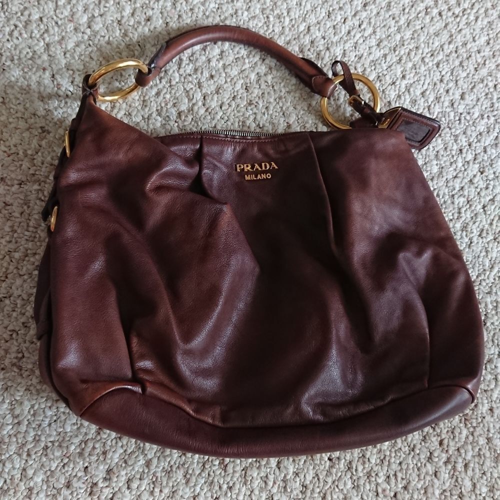 PRADA coffee brown calfskin leather Hobo Bag